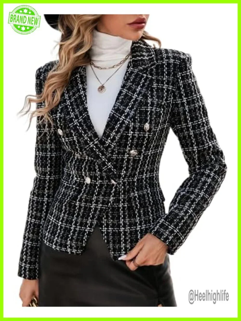 Plaid Tweed Blazer Jacket Double Breasted Slim Fit with Pockets Work Blazer